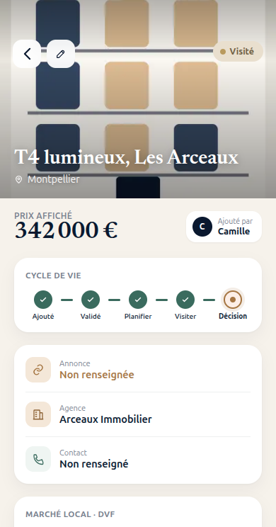 Fiche d’un bien dans NotreToit : photos de visite, prix, cycle de vie de la recherche et contacts