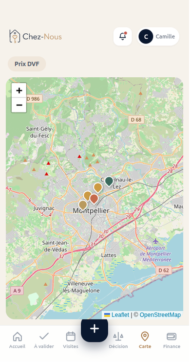 Carte de NotreToit affichant la position des biens suivis autour de Montpellier