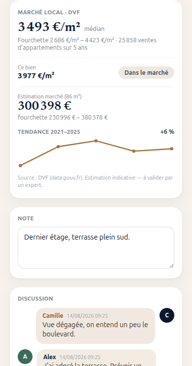 Estimation de marché dans NotreToit à partir des données publiques DVF : médiane au mètre carré, fourchette et tendance sur cinq ans
