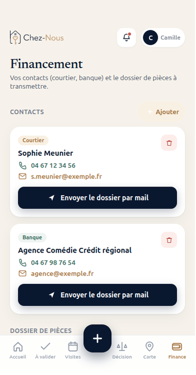 Onglet Financement de NotreToit regroupant les contacts courtier et banque et le dossier de pièces